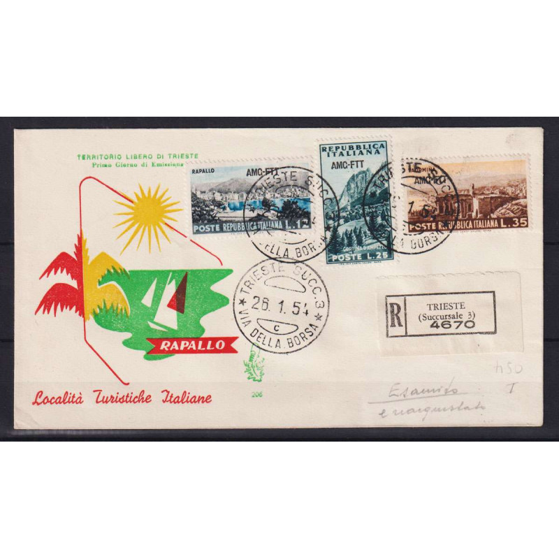 TRIESTE ZONA A 1954 TURISTICA 6 V. USATI SU BUSTA FDC VENEZIA VIAGG...