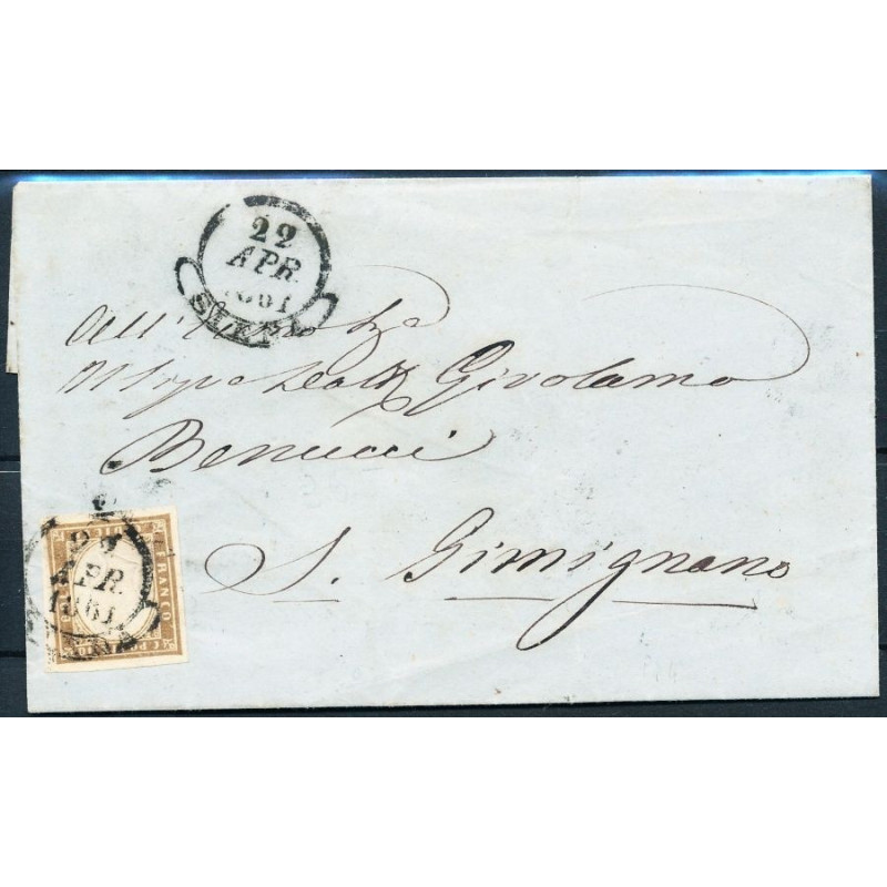 1861 SARDEGNA 10 c. BRUNO CIOCCOLATO CHIARO n.14Ck SU BUSTA US.  | ...