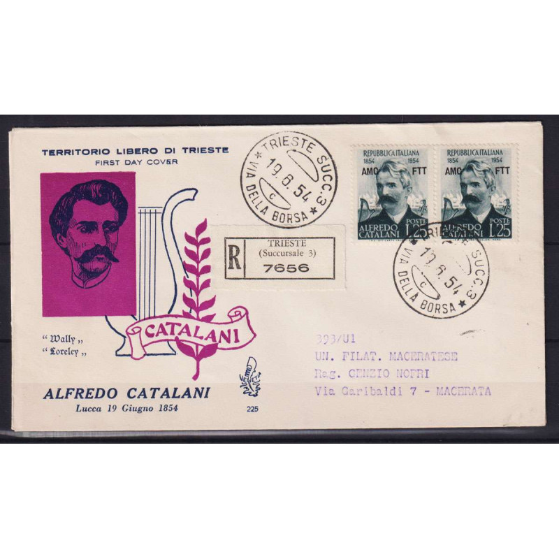 TRIESTE ZONA A 1954 COPPIA CATALANI 2 V. SU BUSTA FDC VENEZIA VIAGG...
