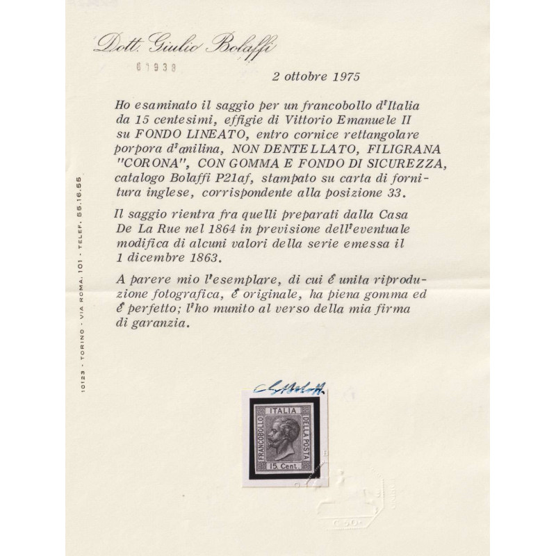 REGNO 1867 15 CENTESIMI SAGGIO PORPORA D'ANILINA G.I MNH** CERT. BO...
