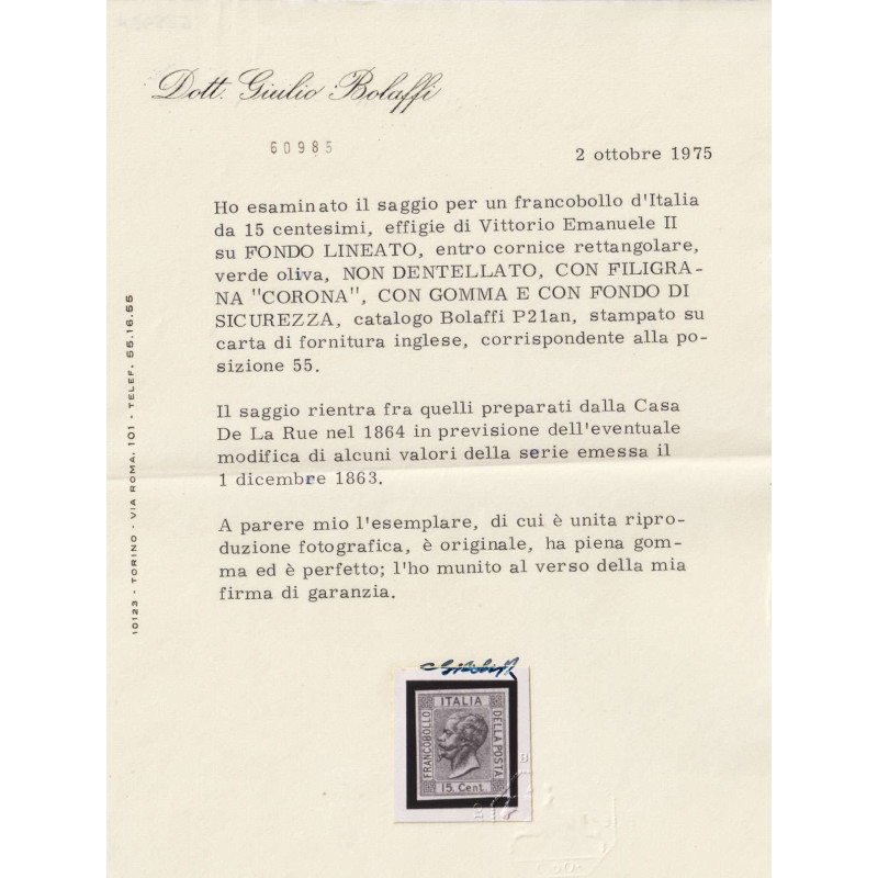 REGNO 1867 15 CENTESIMI SAGGIO VERDE OLIVA G.I MNH** CERT. BOLAFFI ...