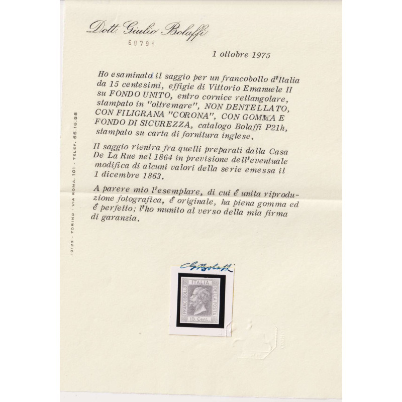 REGNO 1867 15 CENTESIMI SAGGIO OLTREMARE G.I MNH** CERT. BOLAFFI  |...