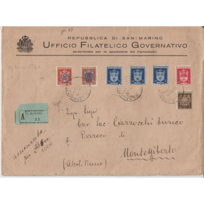 1946 7 VAL. DELLA SERIE STEMMI SU BUSTA ASSICURATA CON ANNULLO D'AR...