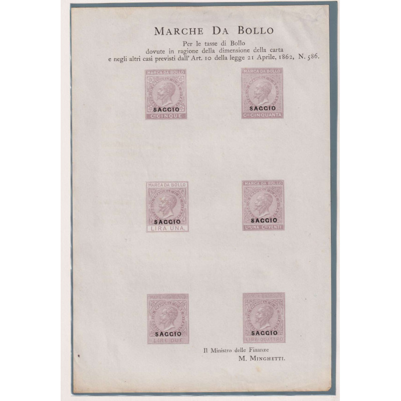 REGNO 1862 MARCHE DA BOLLO TASSE 6 V. SU FOGLIO DECRETO  | Filateli...