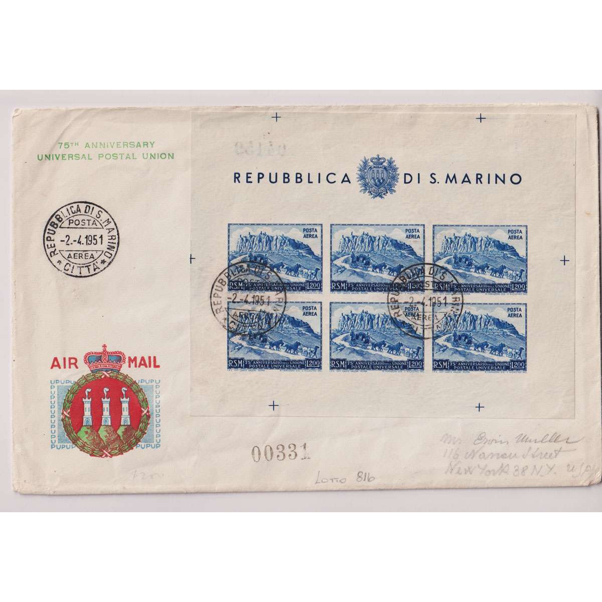 SAN MARINO 1951 FOGLIETTO UPU 200 LIRE N.11 USATO FDC SU BUSTA VIAG... SAN MARINO 1951 FOGLIETTO UPU 200 LIRE N.11 USATO FDC SU BUSTA VIAG...