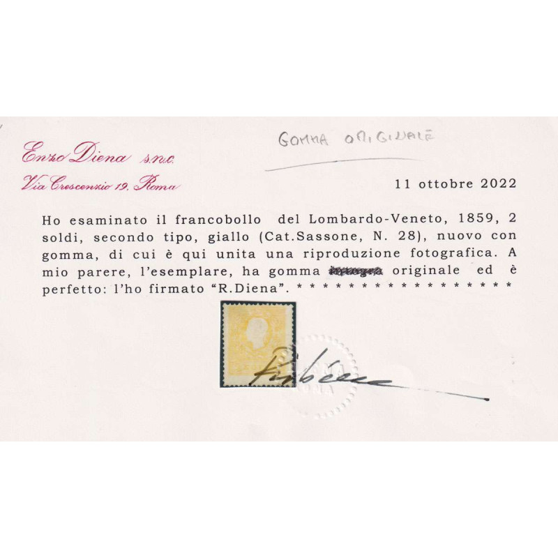 LOMBARDO VENETO 1858 2 SOLDI GIALLO N.28 G.O MH* CERT.  | Filatelia...