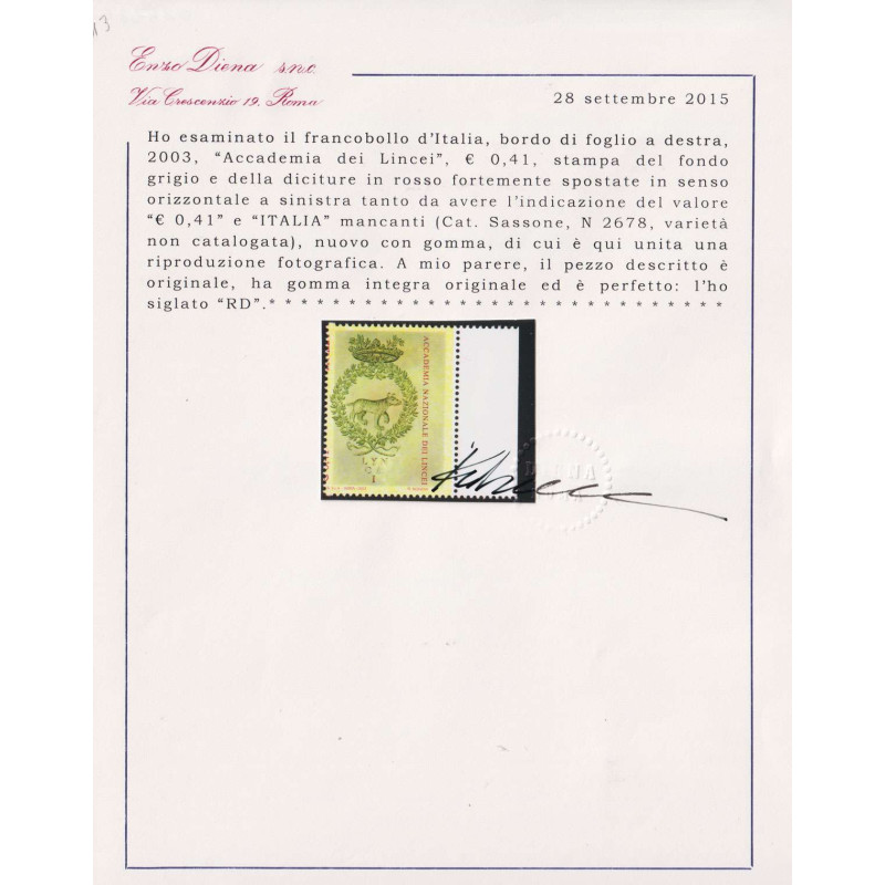 REPUBBLICA 2003 ACCADEMIA LINCEI VARIETA' G.I MNH** CERT.  | Filate...