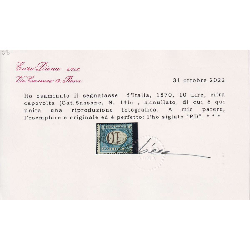 REGNO 1870 – 1874 SEGNATASSE 10 LIRE VARIETA' CAPOVOLTA N.14b US. C...