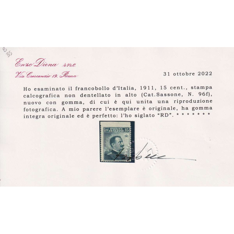 REGNO 1911 MICHETTI 15 CENTESIMI VARIETA' N.96f G.I MNH** CERT.  | ...
