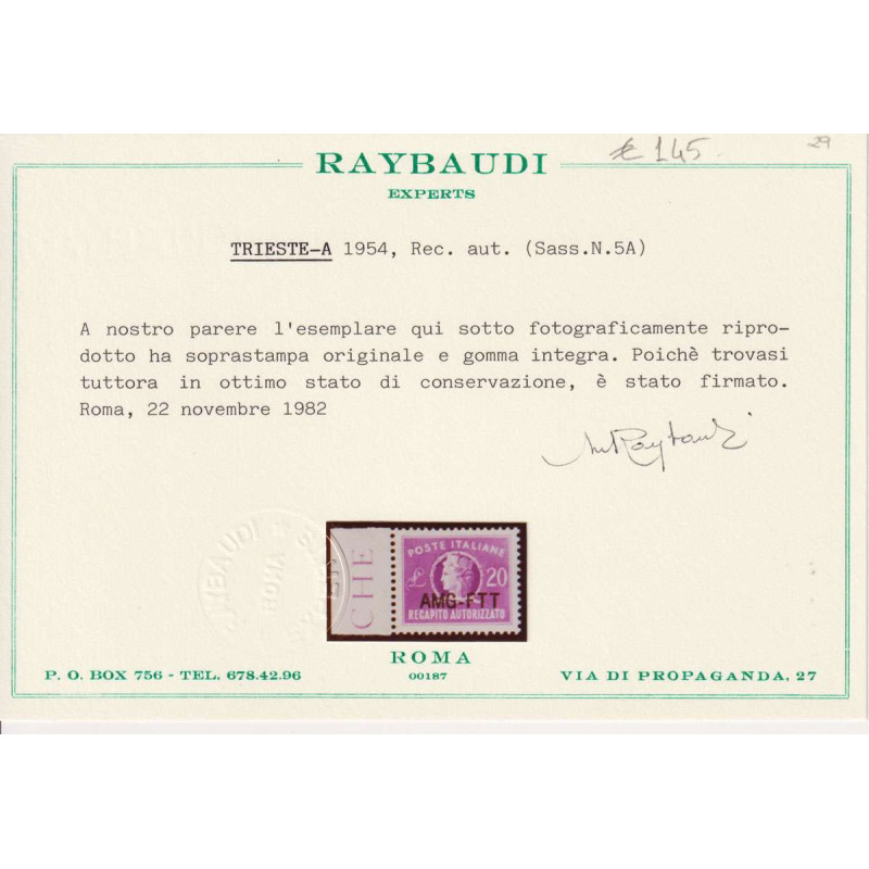 TRIESTE ZONA A 1954 RECAPITO AUTORIZZATO N.5A G.I MNH** BORDO F. CE...