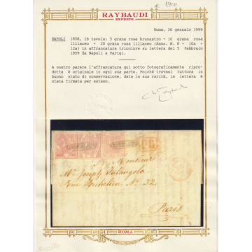 NAPOLI 1858 MISTA 5 + 10 + 20 GRANA N.8,10a,12a USATI SU BUSTA PER ...