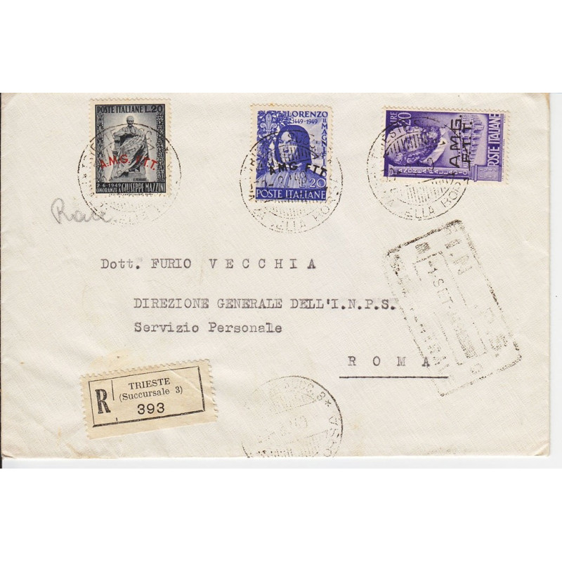 1949 TRIESTE "A" 20 L. PALLADIO + Nn. 47-49-50 (SAS.) SU BUSTA VIAG...