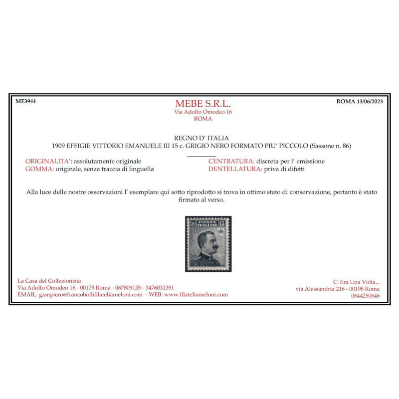 REGNO 1909 15 CENTESIMI MICHETTI N.86 G.I MNH** CERT. BEN CENTRATO ...
