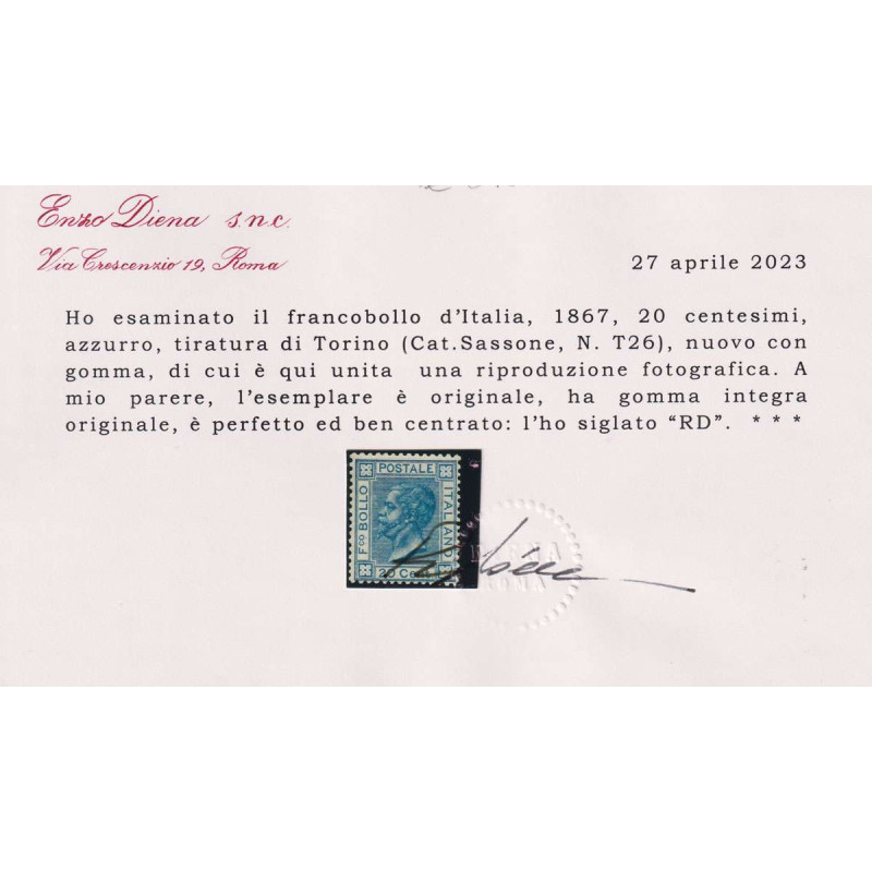 REGNO 1867 20 CENTESIMI N.T26 G.I MNH** BEN CENTRATO CERT.  | Filat...