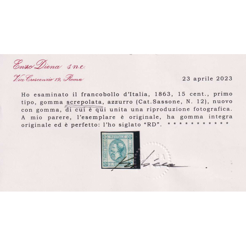 REGNO 1863 15 CENTESIMI MATRAIRE I TIPO SCREPOLATA N.12 G.I MNH** C...