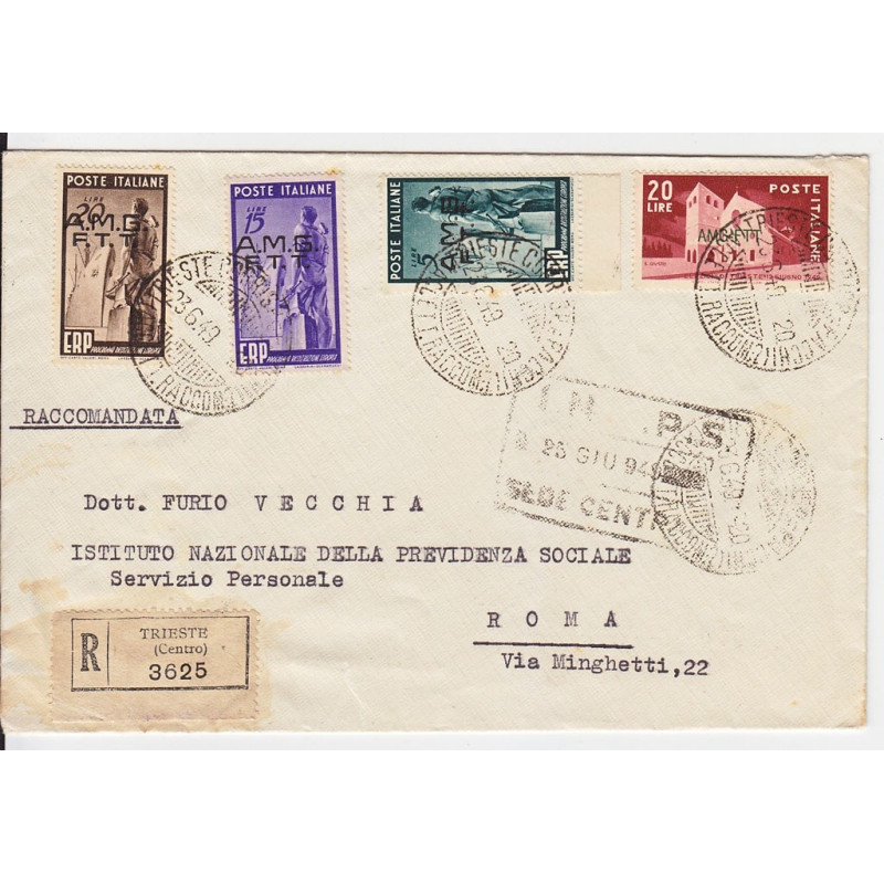 1949 TRIESTE "A" E.R.P. 3 V. S.7 + 20 L. n.42 S. SU BUSTA VIAGGIATA...