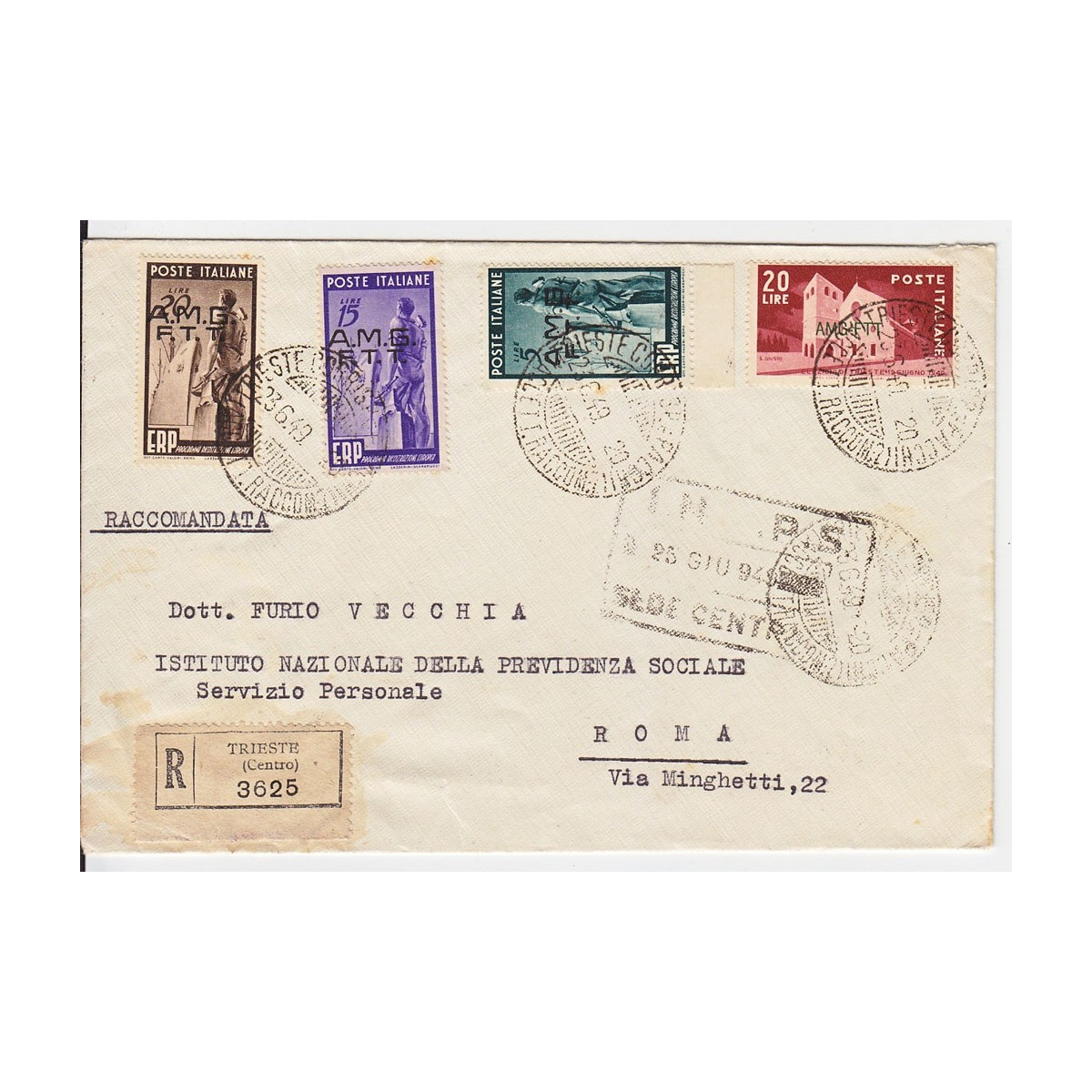 1949 TRIESTE "A" E.R.P. 3 V. S.7 + 20 L. n.42 S. SU BUSTA VIAGGIATA... 1949 TRIESTE "A" E.R.P. 3 V. S.7 + 20 L. n.42 S. SU BUSTA VIAGGIATA...