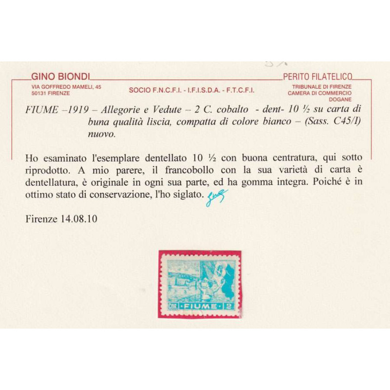 OCCUPAZIONI FIUME 1919 ALLEGORIE VEDUTE 2 C. COBALTO N.C45/I G.I MN...