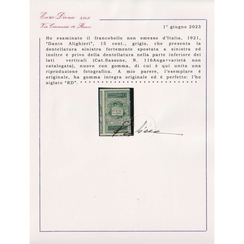 REGNO D'ITALIA 1921 DANTE NON EMESSO MULTIVARIETA' G.I MNH** CERT. ...