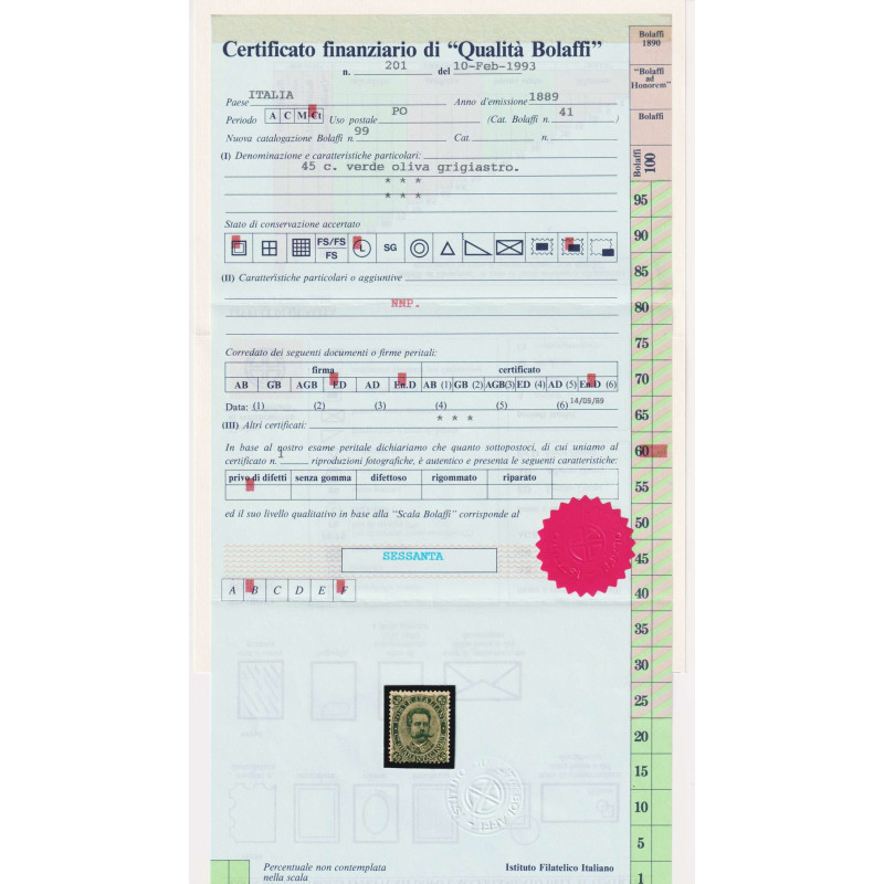 REGNO 1889 UMBERTO I 45 CENTESIMI N.46 G.O MLH* 2 CERT.  | Filateli...