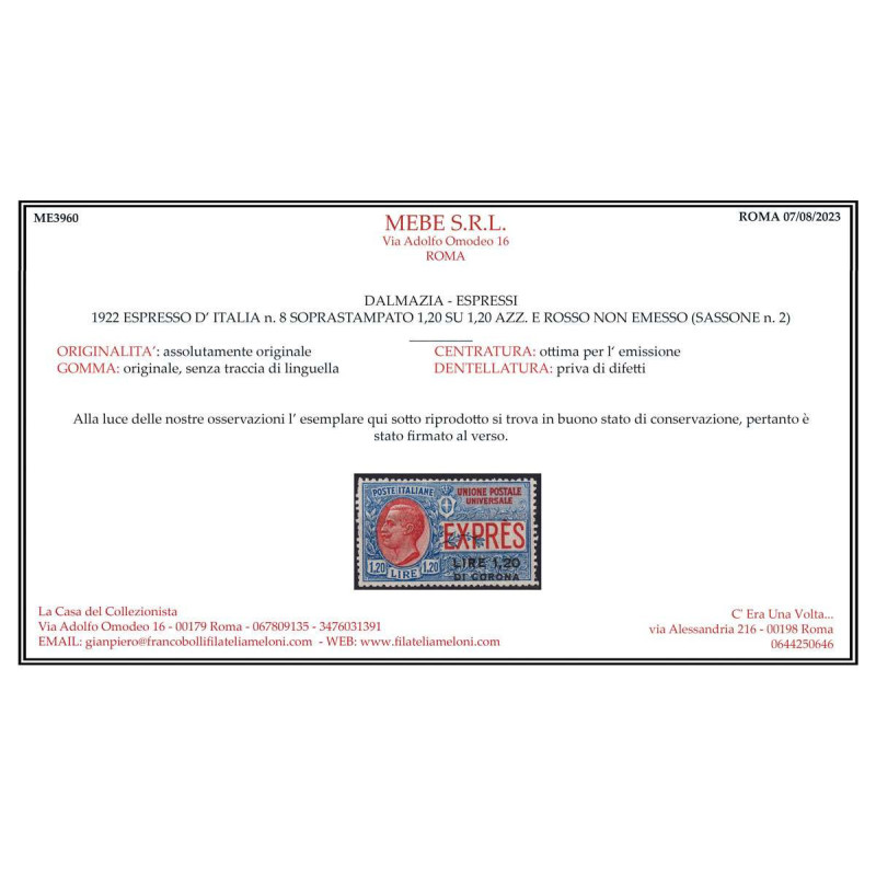 DALMAZIA 1922 ESPRESSO 1,20 L. SU 1,20 L. N.2 G.I MNH** CERT. CENTR...