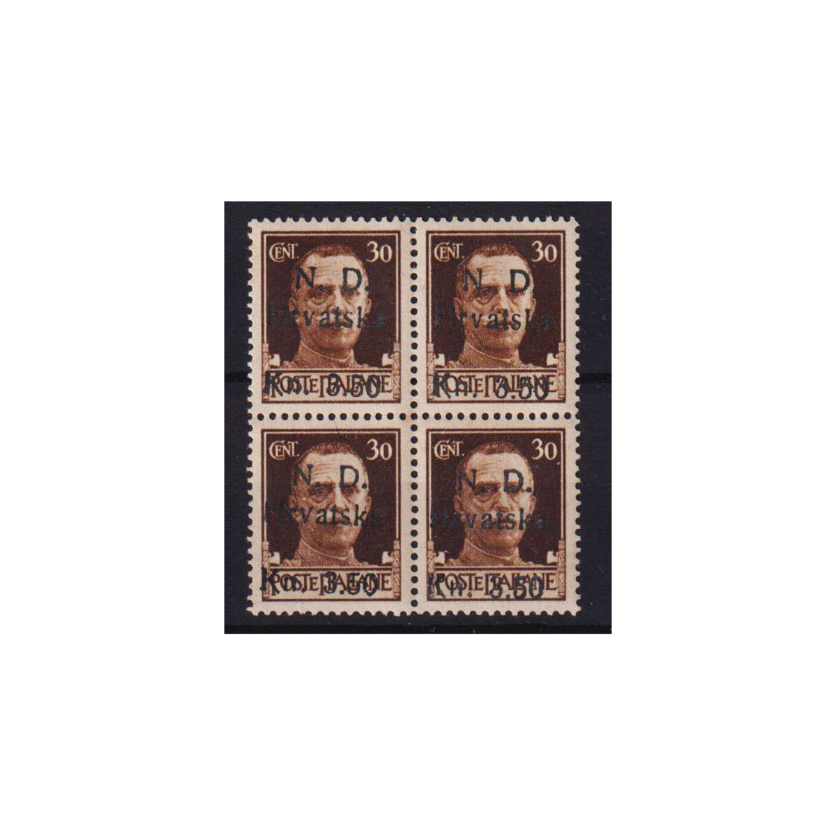 OCCUPAZIONE CROATA 1944 QUARTINA IMPERIALE 3,50 SU 30 CENTESIMI N.4... OCCUPAZIONE CROATA 1944 QUARTINA IMPERIALE 3,50 SU 30 CENTESIMI N.4...