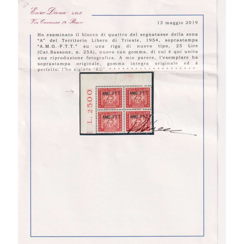 TRIESTE ZONA A 1954 SEGNATASSE 25 LIRE N.25A G.I MNH** ANGOLO FOGLI...