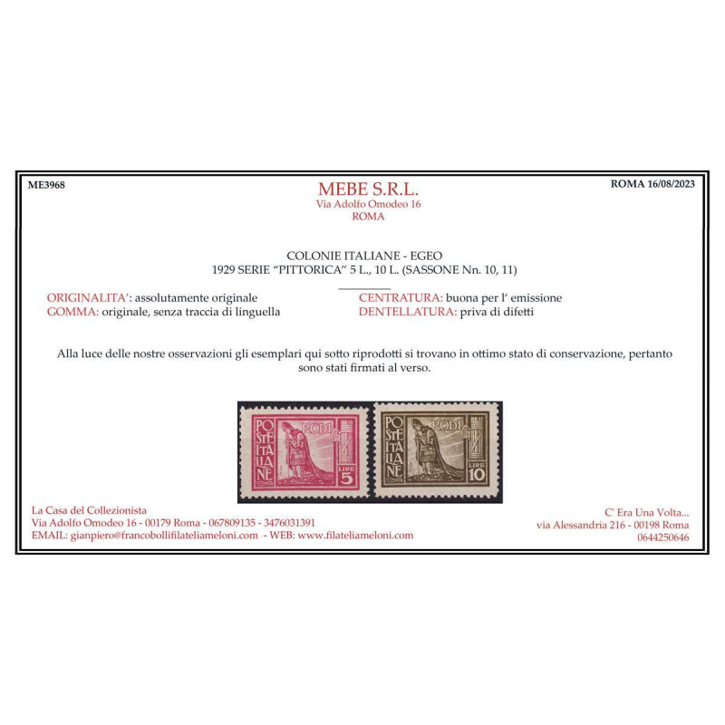 COLONIE EGEO 1929 PITTORICA DENT. 11 RODI 9 VALORI G.I MNH** CERT. ...