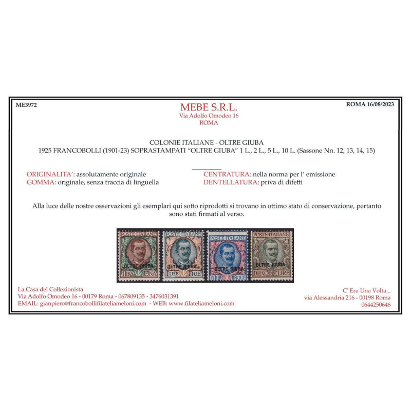 COLONIE OLTRE GIUBA 1925 FRANCOBOLLI D'ITALIA SOPR. 15 V. G.I MNH**...