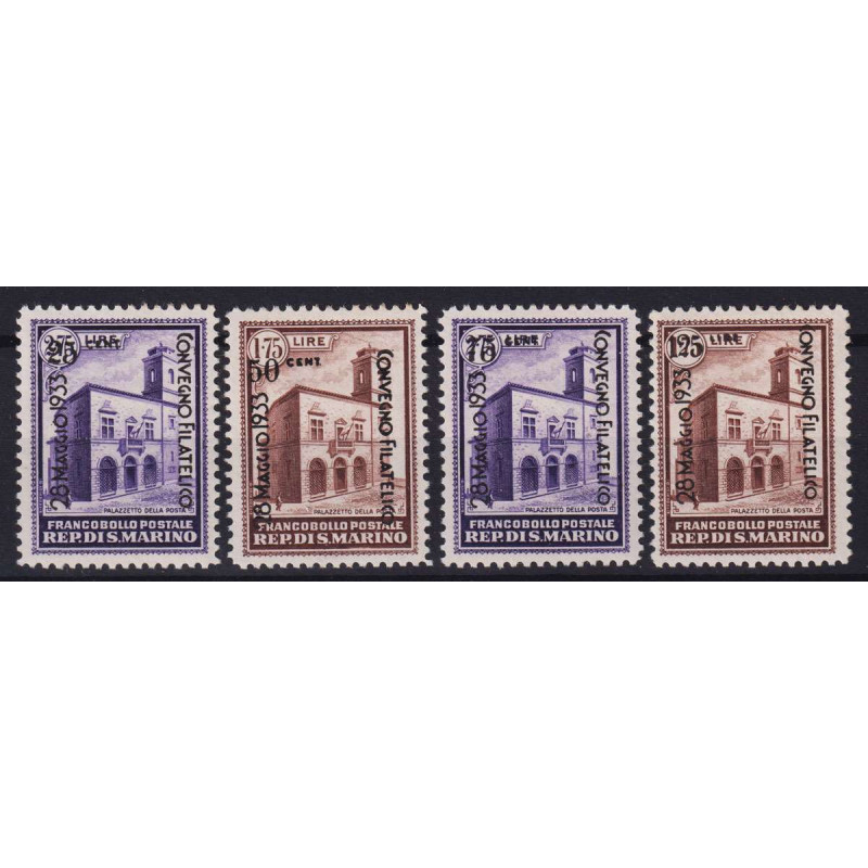 SAN MARINO 1933 PALAZZETTO DELLA POSTA SOPRASTAMPATO 4 V. G.I MNH**...