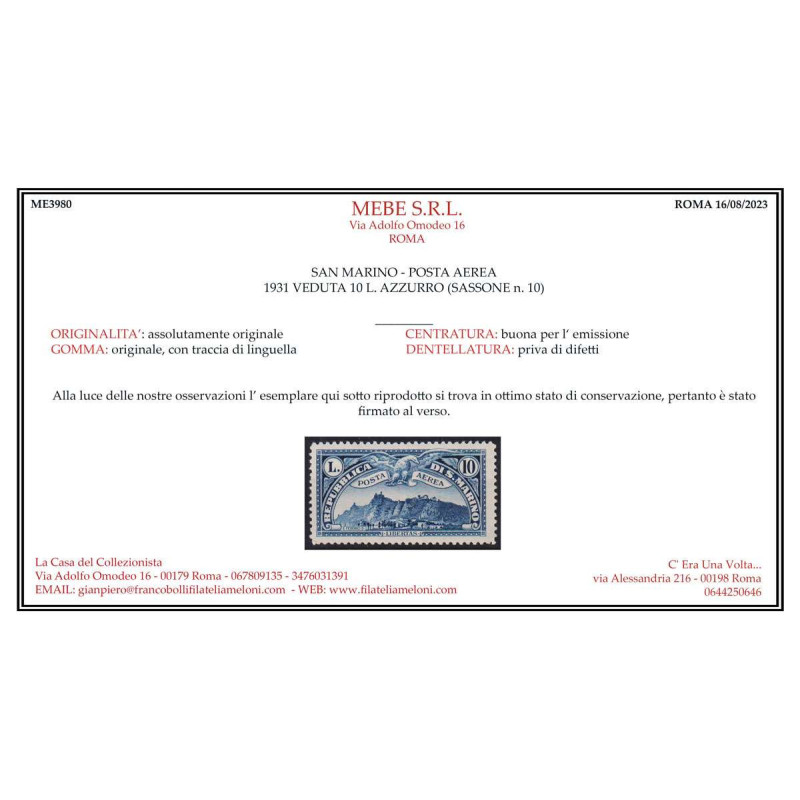 SAN MARINO 1931 POSTA AEREA VEDUTE 10 VALORI G.O MH* CERT.  | Filat...