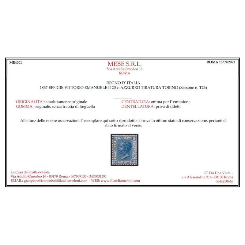 REGNO 1867 20 CENTESIMI TORINO N.T26 G.I MNH** CENTRATO CERT.  | Fi...