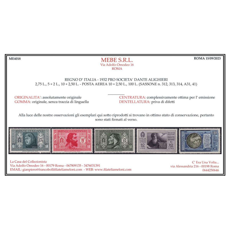 REGNO D' ITALIA 1932 DANTE ALIGHIERI 18 VALORI G.I MNH** CERT.  | F...