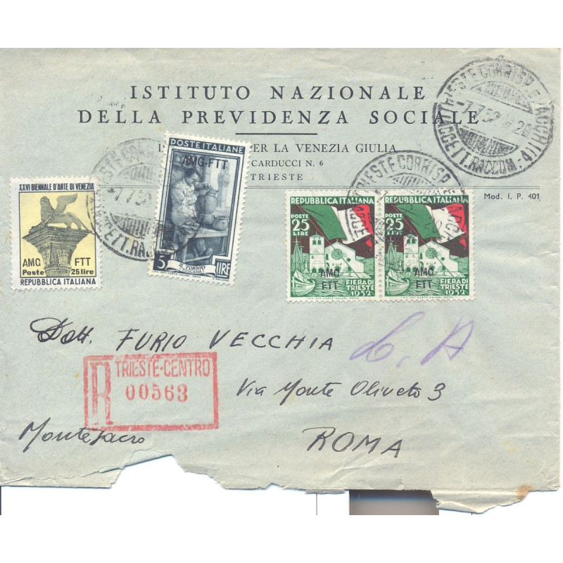 1952 TRIESTE "A" 2X FIERA TRIESTE 25L N.152 + 25L N.150 BUSTA VIAGG...
