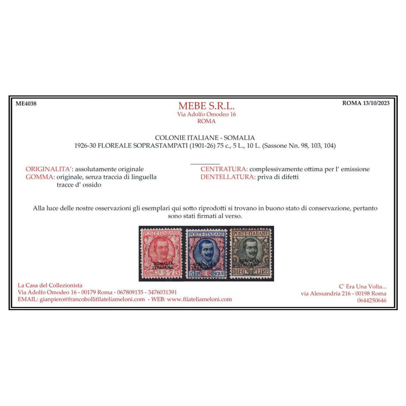 COLONIE SOMALIA 1926 SERIE COMPLETA 13 V. G.I MNH** CERT.  | Filate...