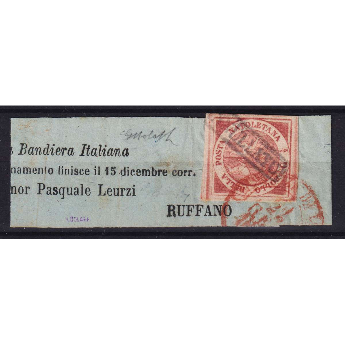 NAPOLI 1858 ½ GRANO II TAVOLA CARMINIO SCURO N.2b SU FASCETTA CERT.... NAPOLI 1858 ½ GRANO II TAVOLA CARMINIO SCURO N.2b SU FASCETTA CERT....