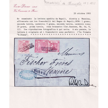 NAPOLI 1858 20 GRANA + 5 GRANA + 1 GRANO N.4a,9,12 SU BUSTA CERT.  ...