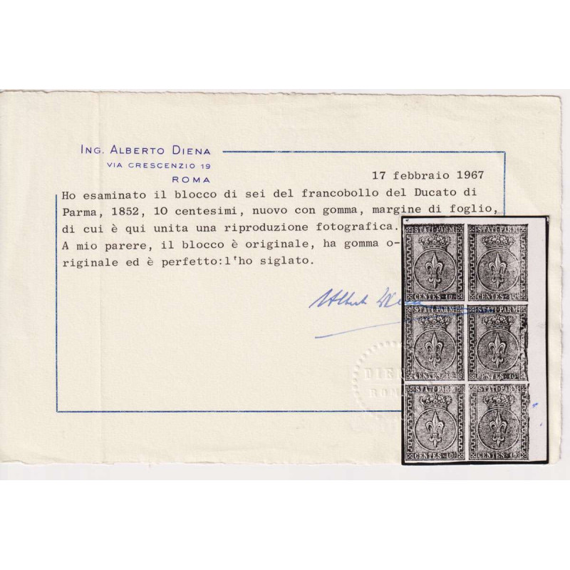 PARMA 1852 GIGLIO 10 CENTESIMI BIANCO BLOCCO 6 V. N.2 G.I / G.O CER...