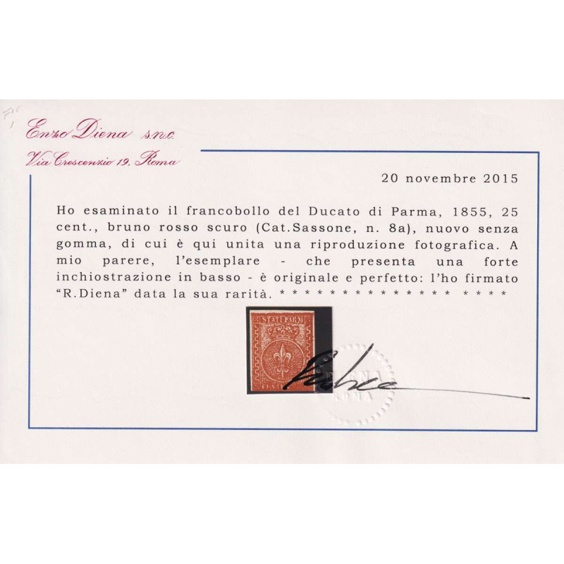 PARMA 1853-55 GIGLIO 25 CENT. BRUNO ROSSO SCURO N.8a G.O MH* CERT. ...