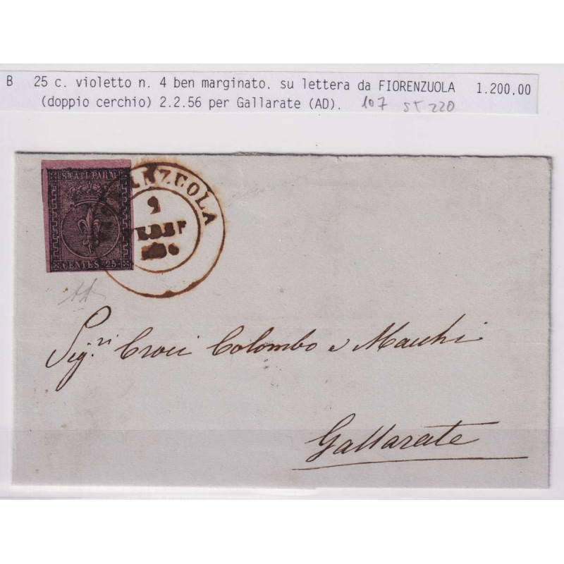 PARMA 1852 25 CENTESIMI N.4 SU BUSTA DA FIORENZUOLA SIGLATA  | Fila...