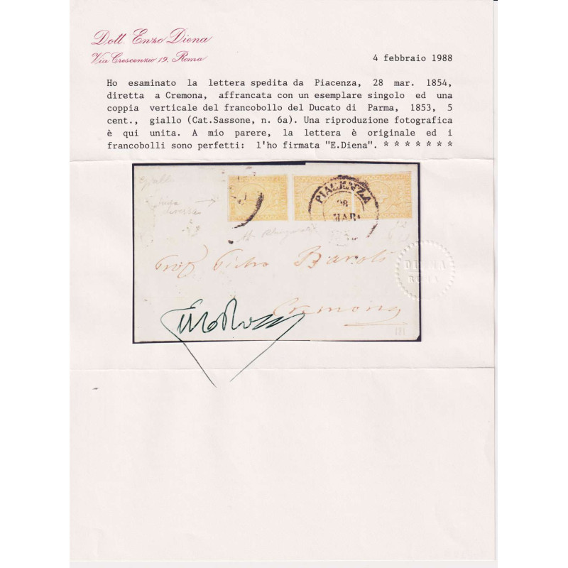 PARMA 1853-55 5 CENTESIMI STRISCIA 3 V. N.6a SU BUSTA CERT.  | Fila...