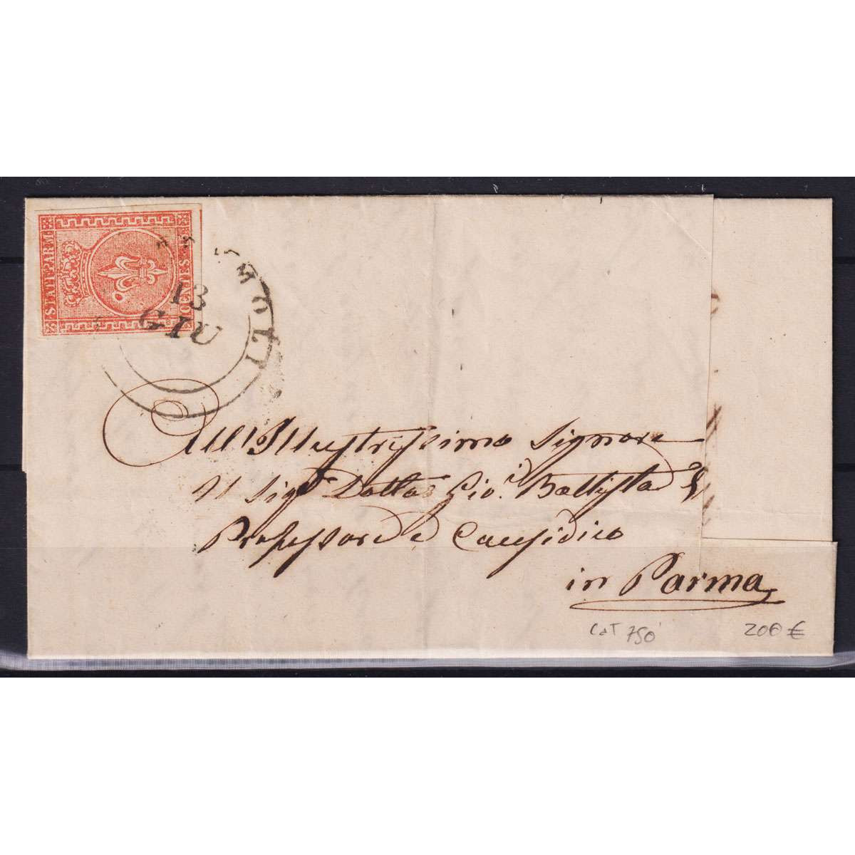 PARMA 1853-55 15 CENTESIMI VERMIGLIO N.7c SU BUSTA | Filatelia Meloni PARMA 1853-55 15 CENTESIMI VERMIGLIO N.7c SU BUSTA | Filatelia Meloni