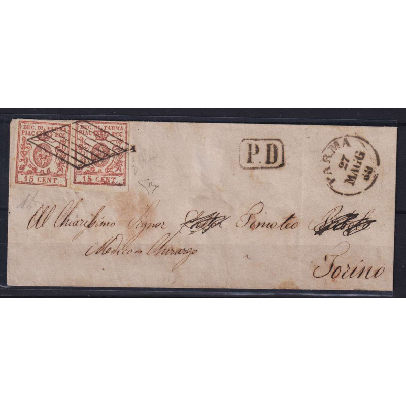 PARMA 1857-59 15 CENTESIMI 2 V. N.8 SU BUSTA CERT.  | Filatelia Meloni