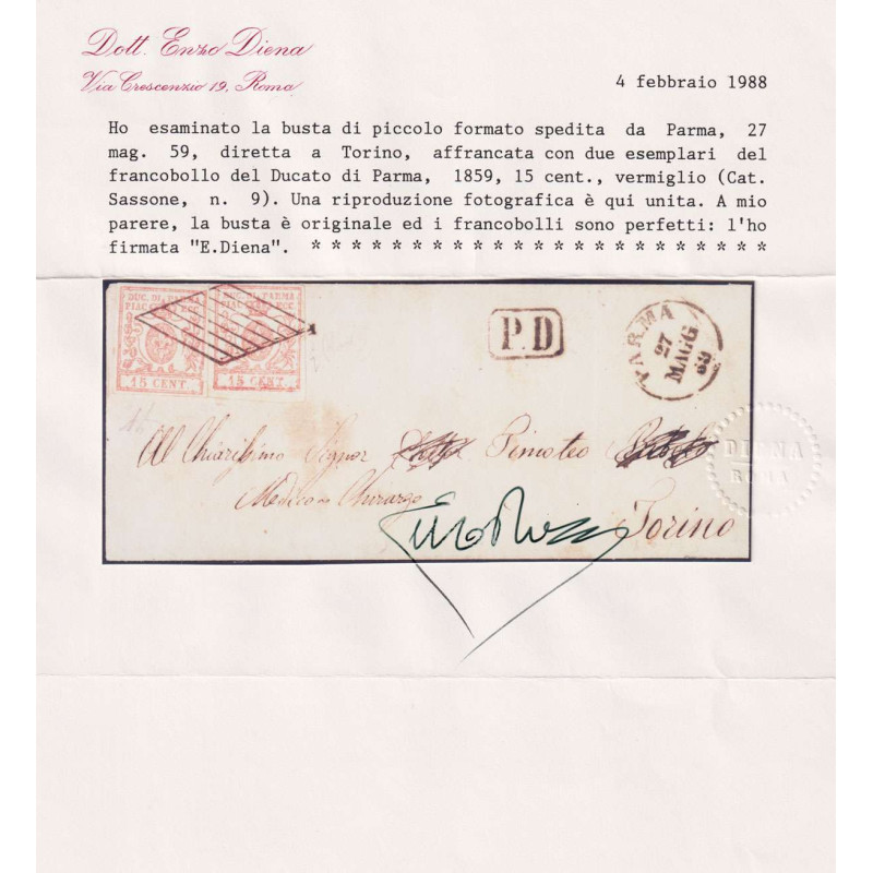 PARMA 1857-59 15 CENTESIMI 2 V. N.8 SU BUSTA CERT.  | Filatelia Meloni