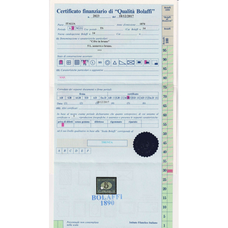 REGNO D' ITALIA 1870-74 SEGNATASSE 5 LIRE G.I MNH** CERT.  | Filate...