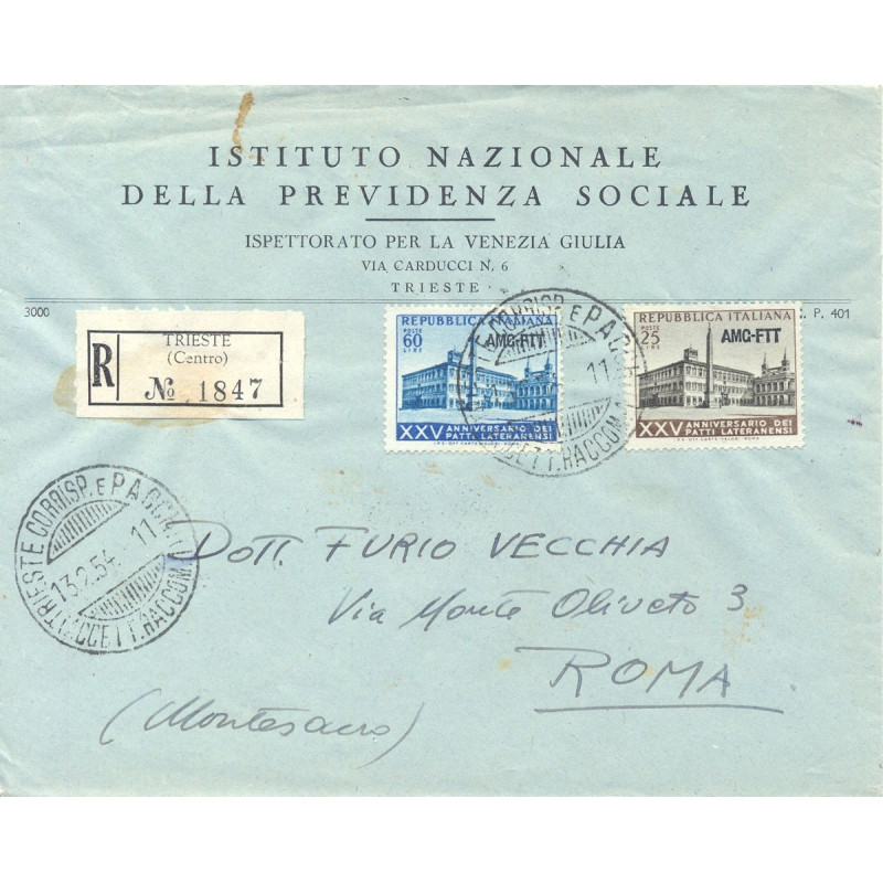 1954 TRIESTE "A" SERIE PATTI LATERANENSI S.34 SU BUSTA VIAGGIATA  |...