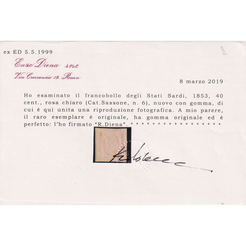 SARDEGNA 1853 40 CENTESIMI ROSA CHIARO n. 6 G.O. MH* CERT.  | Filat...