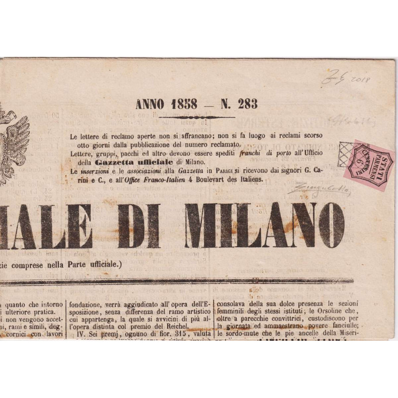 PARMA 1857 SEGNATASSE PER GIORNALI 6 CENTESIMI ROSA VIVO US. CERT. ...