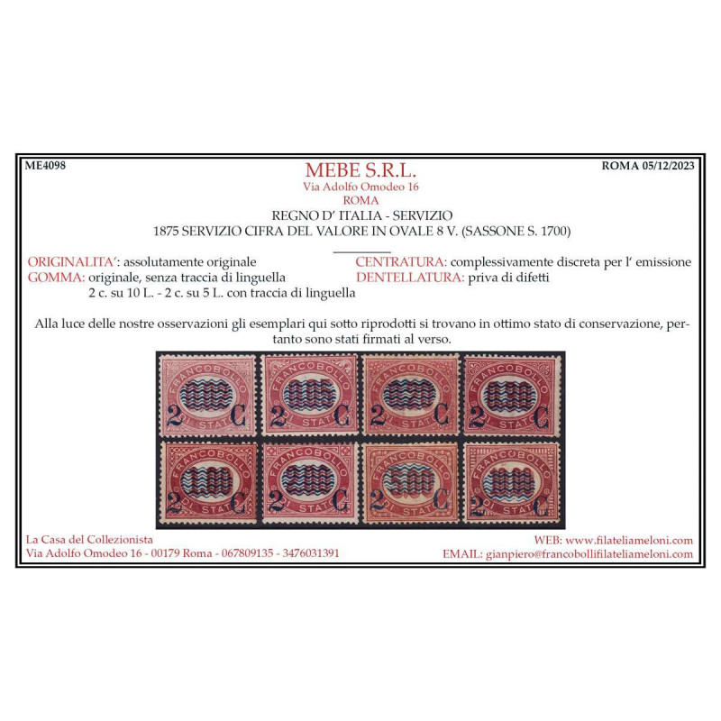 REGNO 1878 FRANCOBOLLI DI SERVIZIO ONDULINE 8 V. G.O MH* / G.I MNH*...