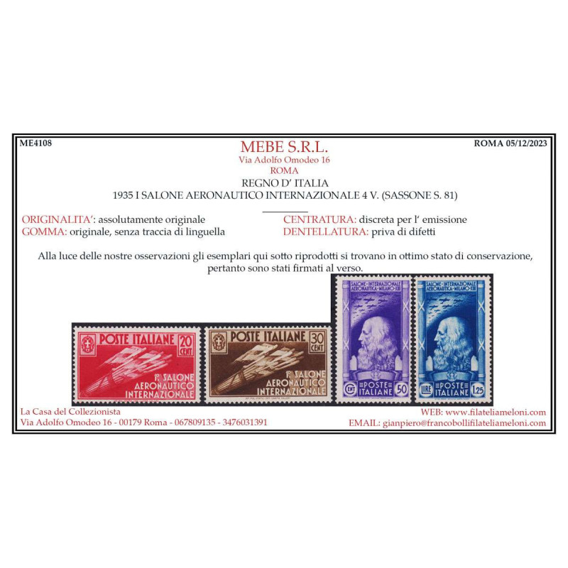 REGNO 1935 SALONE AERONAUTICO 4 VALORI G.I MNH** CERT.  | Filatelia...